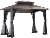 10x12 Brown Hardtop Gazebo With Steel Frame And Netting For Outdoor
