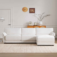 White L-shaped modular sectional sofa with extra-wide seat cushions and built-in USB charging port, seats four.