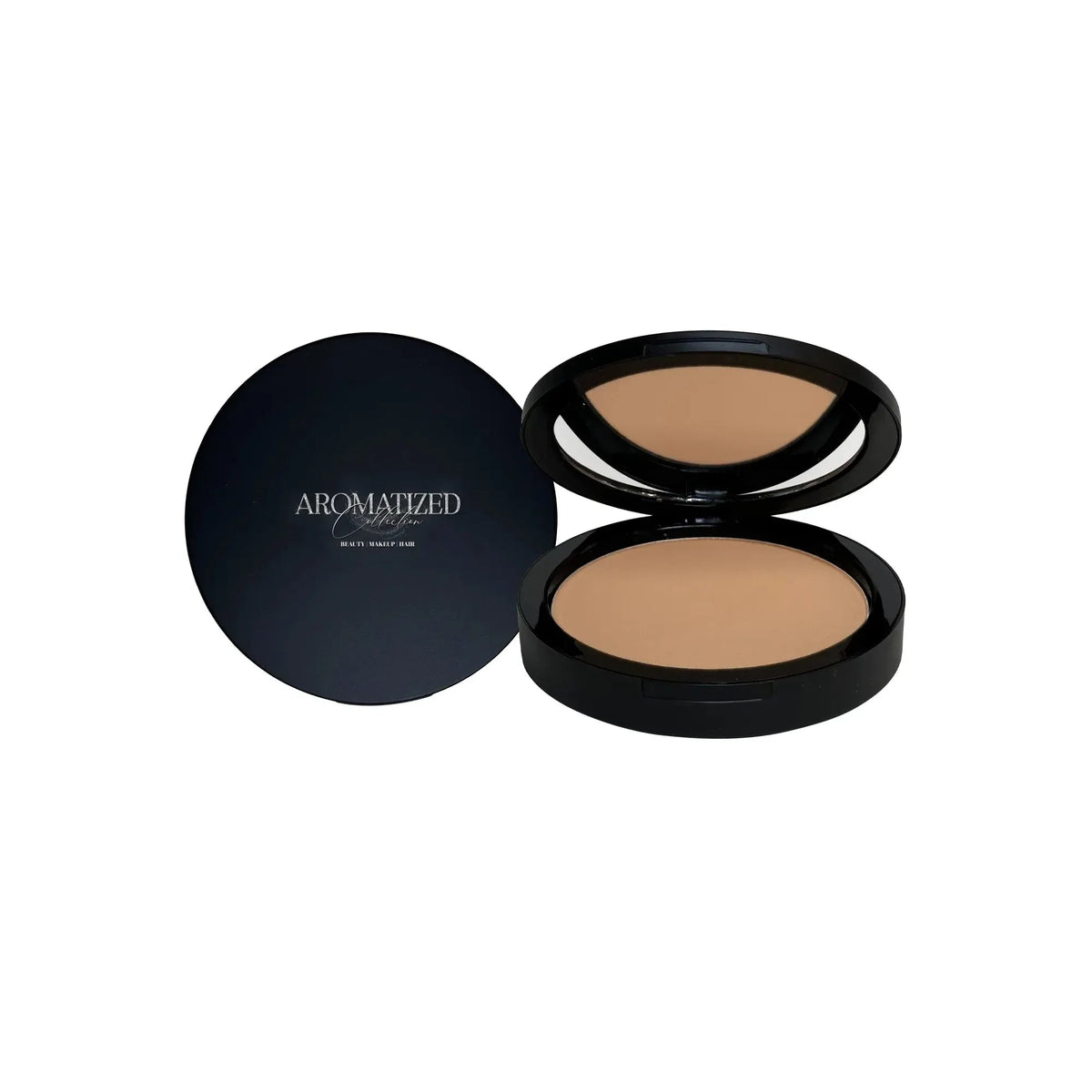 Compact of Dual Blend Powder Foundation Royal with brush applicator, showing sleek matte finish packaging.