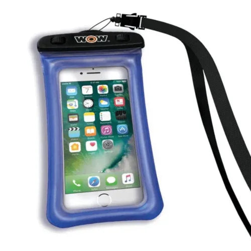 Red waterproof phone holder displayed at an angle on a white surface.