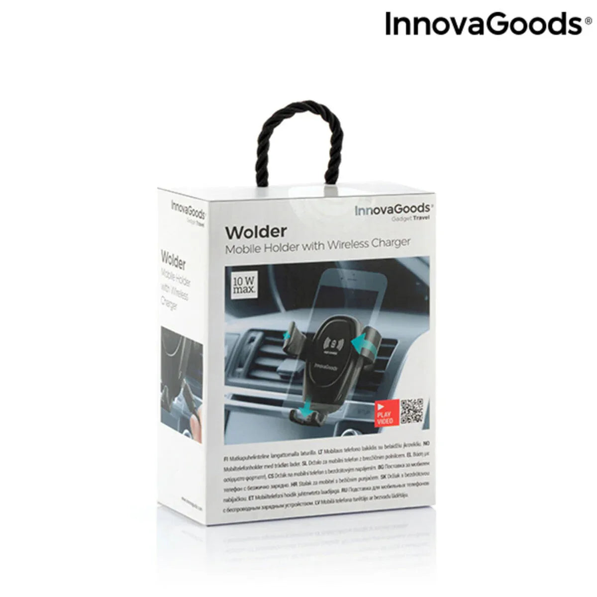 Car phone holder with wireless charger shown holding phone in driving position, angled grip arms visible.
