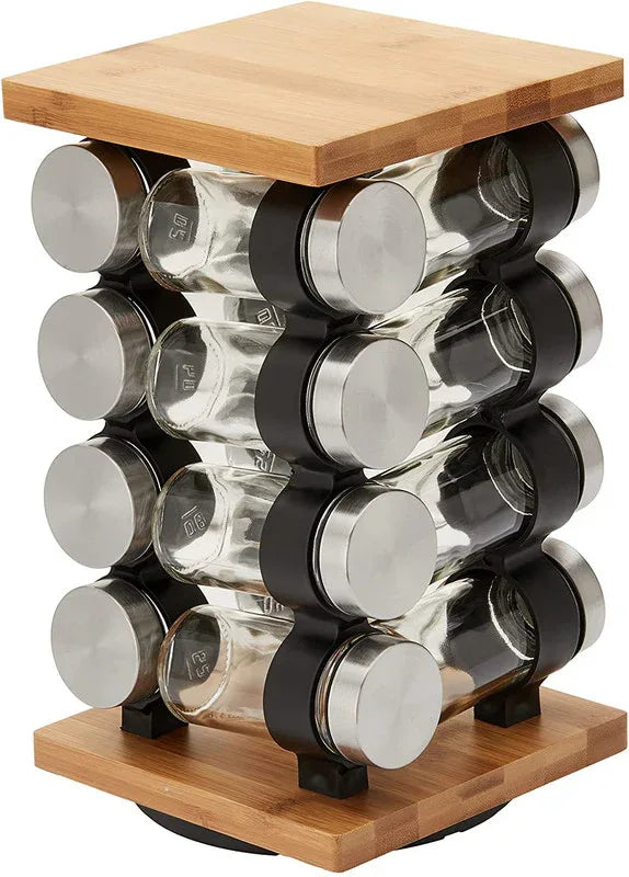 VIKUS spice rack organizer with 12 glass jars and bamboo lids on kitchen countertop.