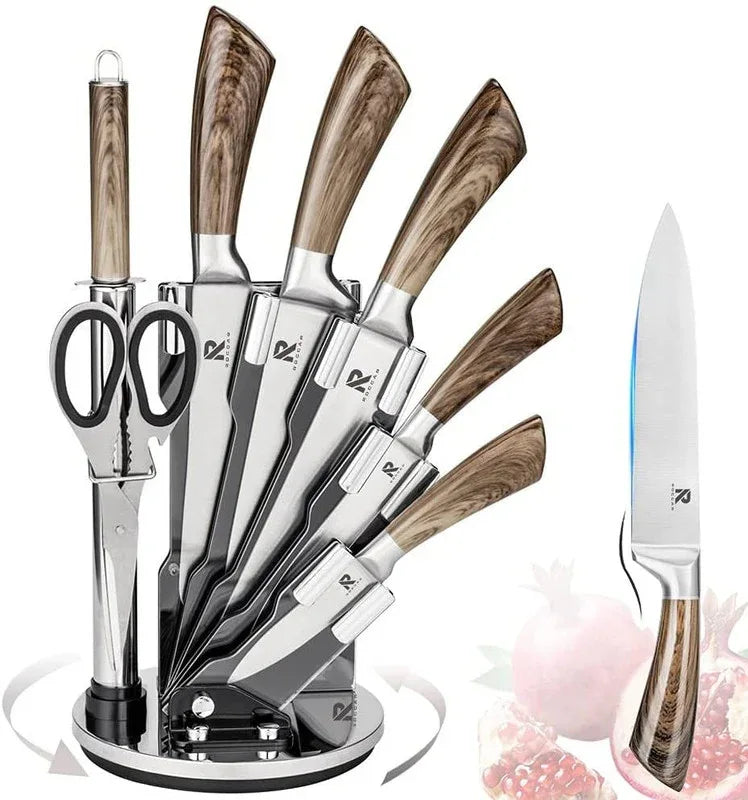 Kitchen knife block set displayed on white surface with wooden handle knives and stainless steel blades.