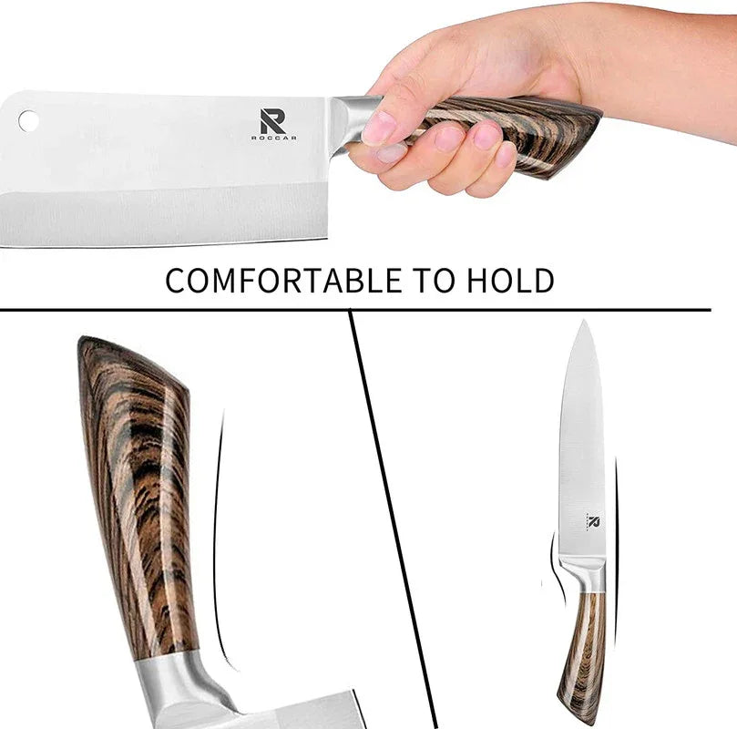 Set of eight kitchen knives including scissors and sharpener in a wood color rotating block.
