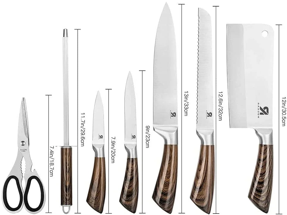 Top view of kitchen knife block set showing blade types and wood coated handles.