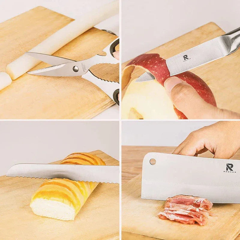 Chef using kitchen knife with wood handle cutting vegetables on a wooden cutting board.