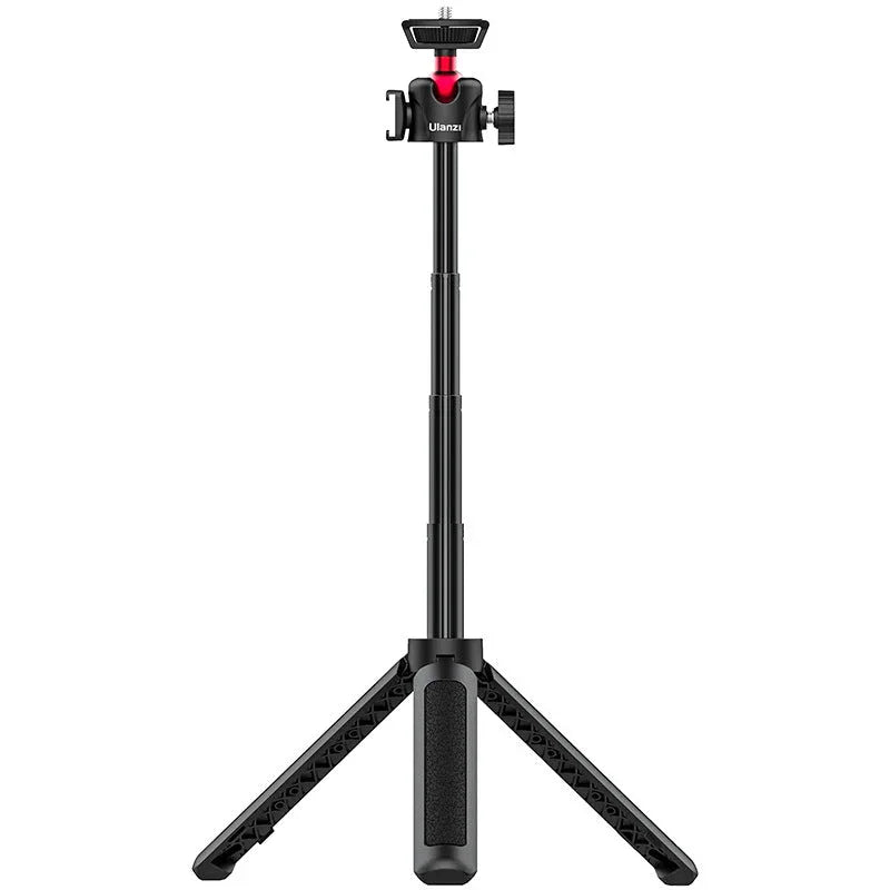 Close-up of tripod's locking mechanism and aluminum legs detail.