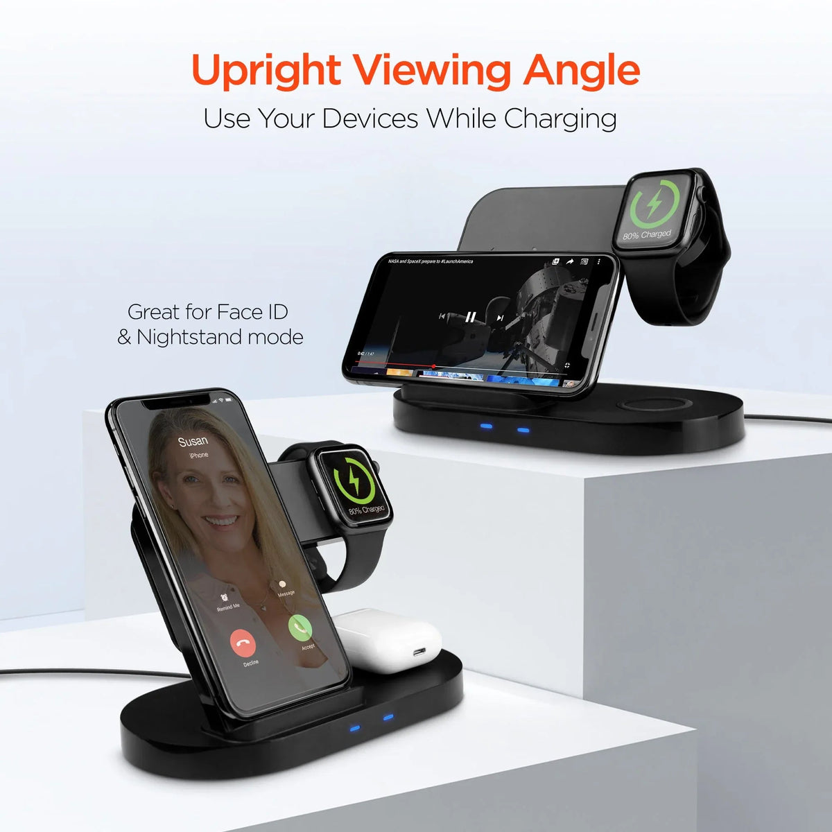 Hypergear charging dock on nightstand with tablet, phone, and smart watch placed neatly.