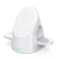 Folded white wireless charger with USB-C cable plugged in for power.
