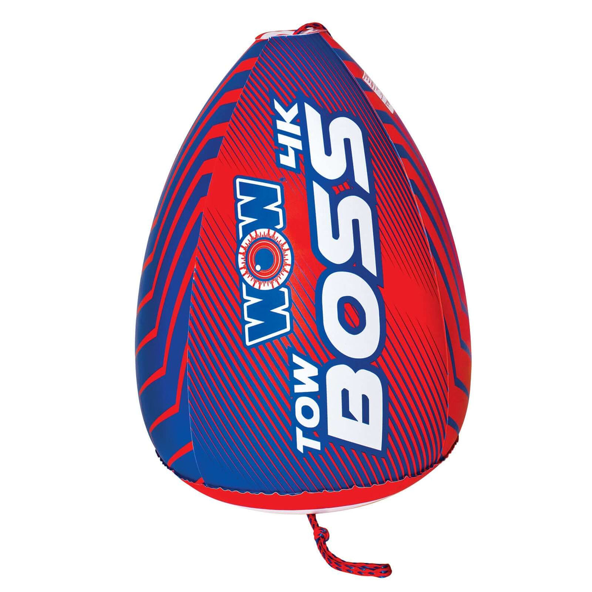 Tow Boss bright orange inflatable rope float resting on water, showing durability.