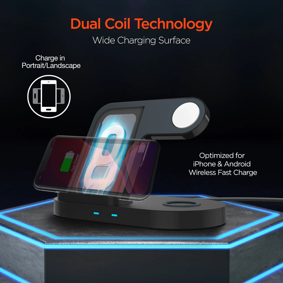 Charging dock displaying iPhone and wireless earbuds charging simultaneously on sleek black surface.