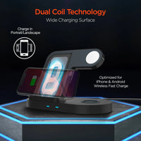 Charging dock displaying iPhone and wireless earbuds charging simultaneously on sleek black surface.