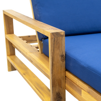 Front angle of adjustable backrest lounge chair made from acacia wood with blue cushion.