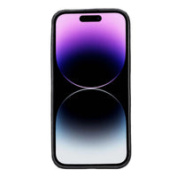 Side profile of iPhone 15 leather case emphasizing snug button coverage and slim design