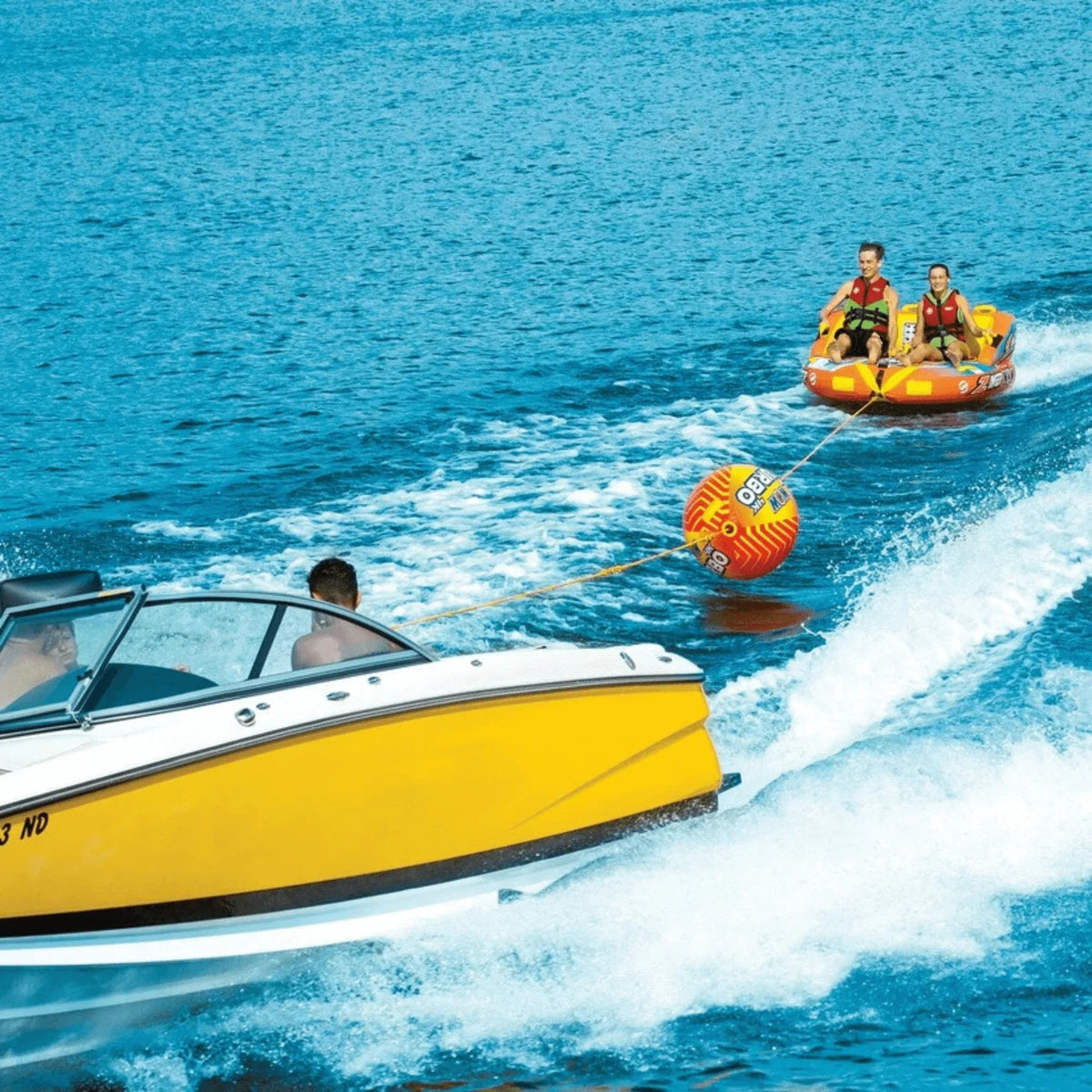 Illustration of segmented tow rope system connected to the WOW Watersports Tow Turbo tow bobber.