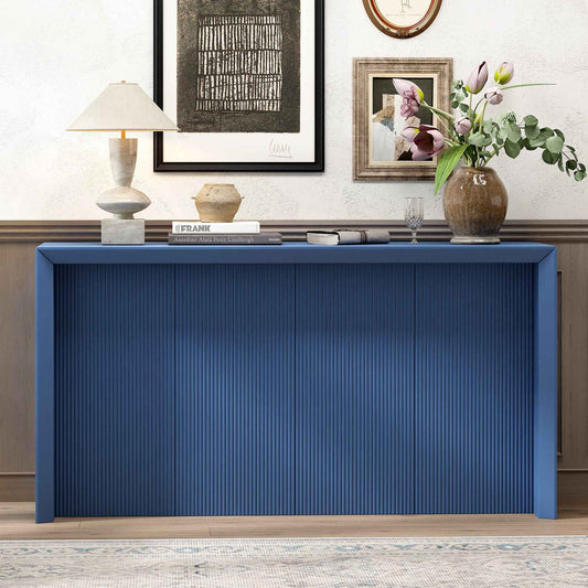 Navy blue acacia wood veneer entryway table with wavy design, angled side view on white background