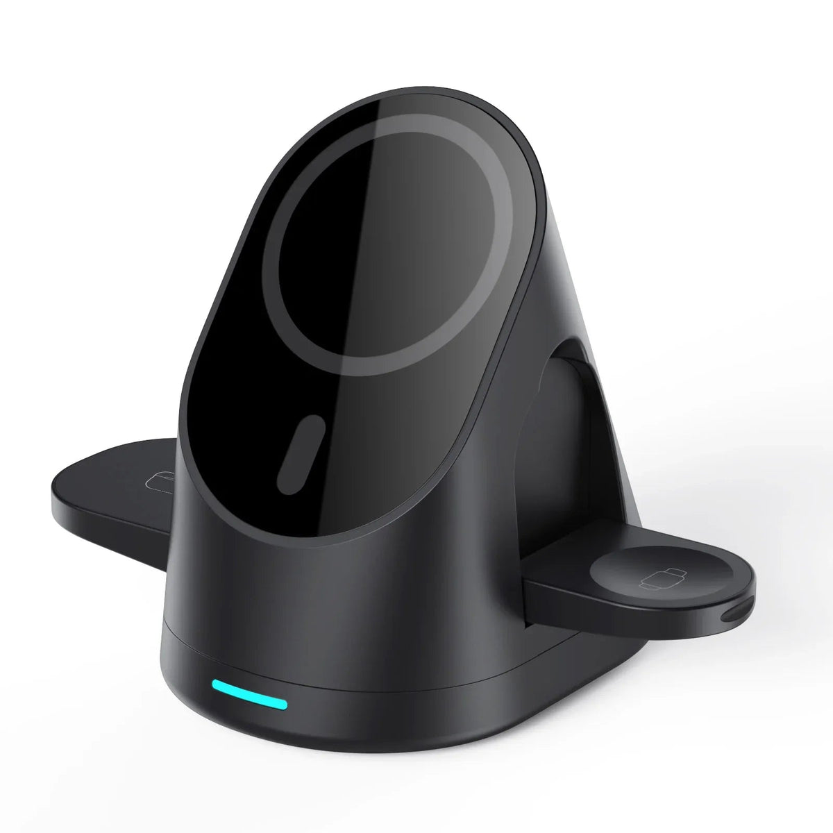 White wireless charger with charging indicator light turned on in folded position.