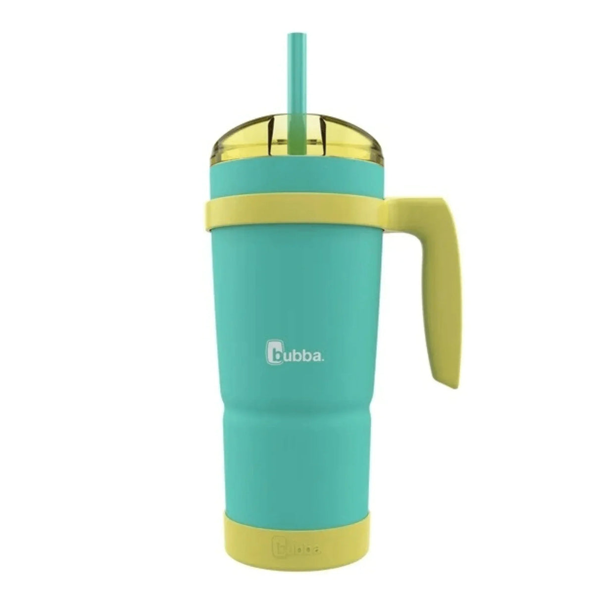 Bubba 32oz insulated stainless steel tumbler with handle, straw, and colorful removable bumper.