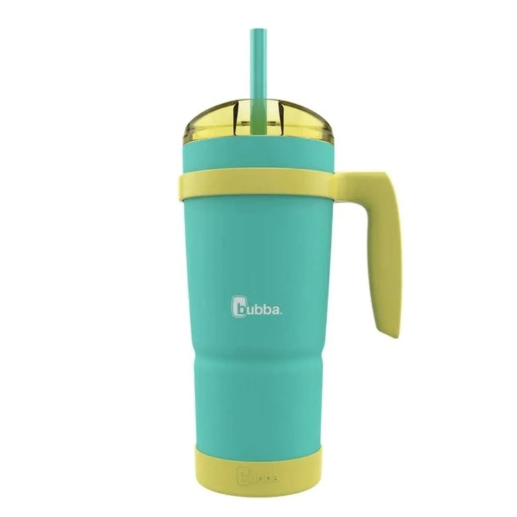32oz insulated stainless steel tumbler with handle and straw on white background