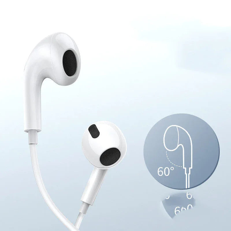 White Type-C wired headset earplugs and plug connector on a plain white background.