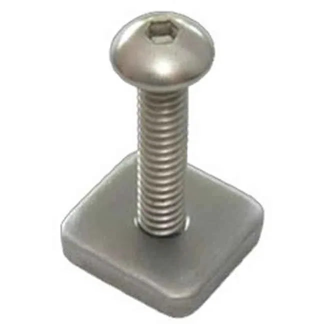 Close-up of stainless steel Smart Screw and plate for longboard surfboard fins