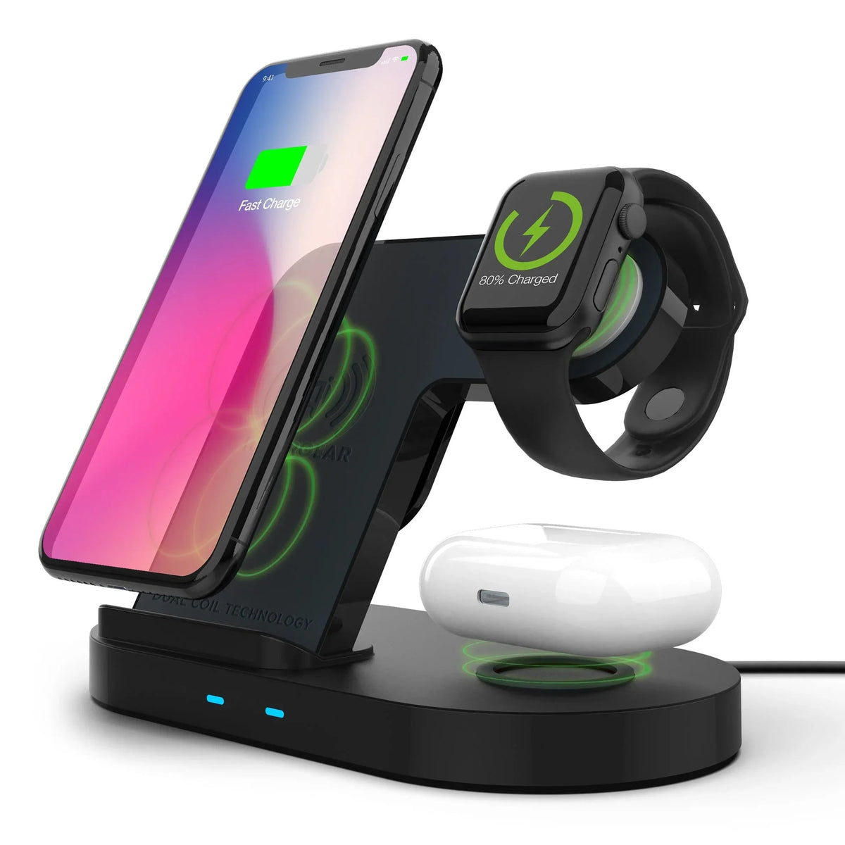 Hypergear 3-in-1 wireless charging dock on wooden desk with an iPhone, Apple Watch, and AirPods charging.