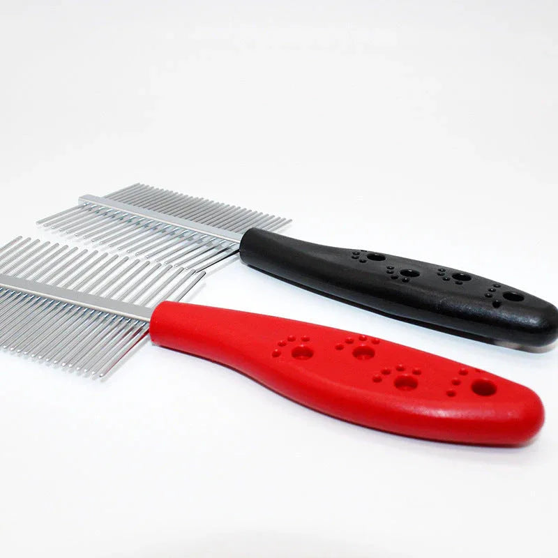 Blue pet grooming comb with non-slip ergonomic handle and double-sided dense and sparse teeth