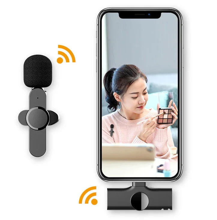 Diagram illustrating wireless microphone connectivity to various devices like smartphones and tablets.
