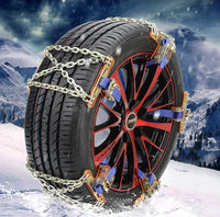 Close-up of a durable car SUV anti-skid tire chain with detailed links and locking mechanism.