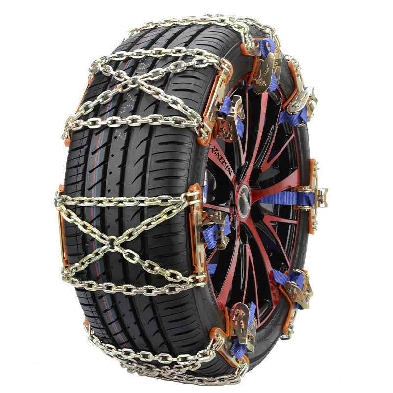 Car tire fitted with anti-skid chain on snowy road showcasing emergency use.