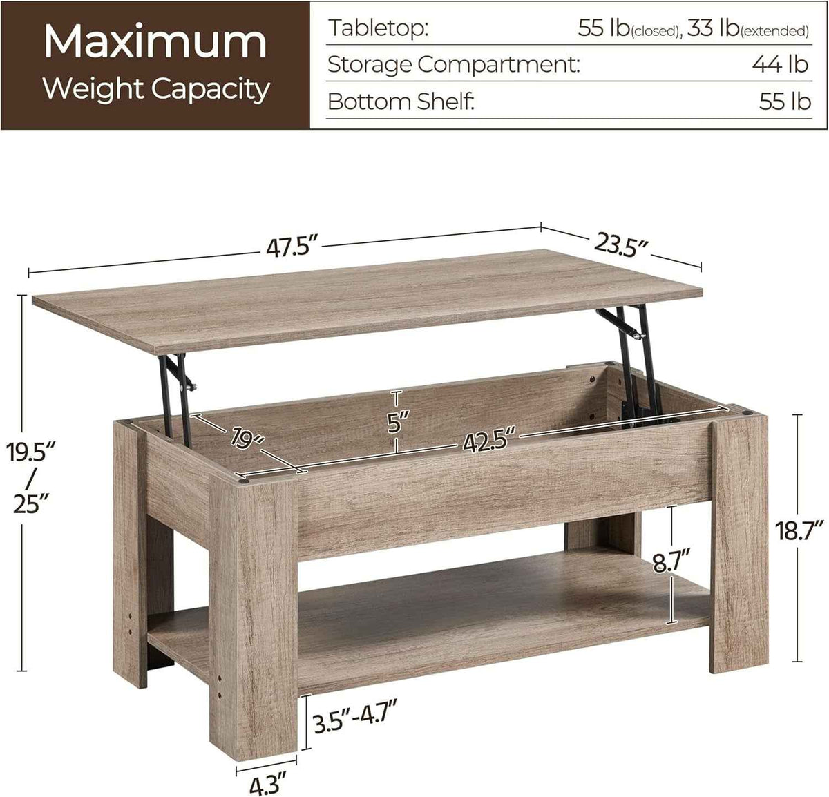 Lift Top Coffee Table With Hidden Compartment Grey