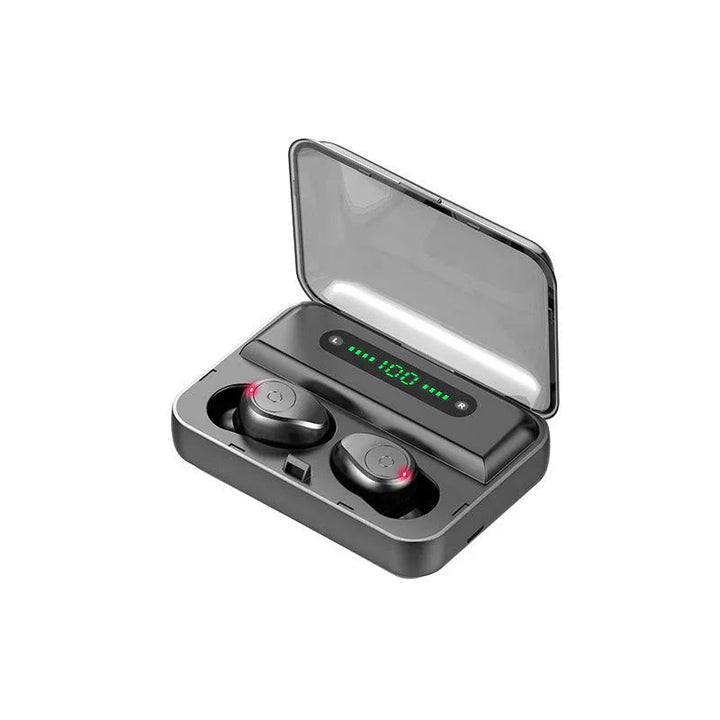 Multifunction Bluetooth headset charging case with earbuds inside on white background.
