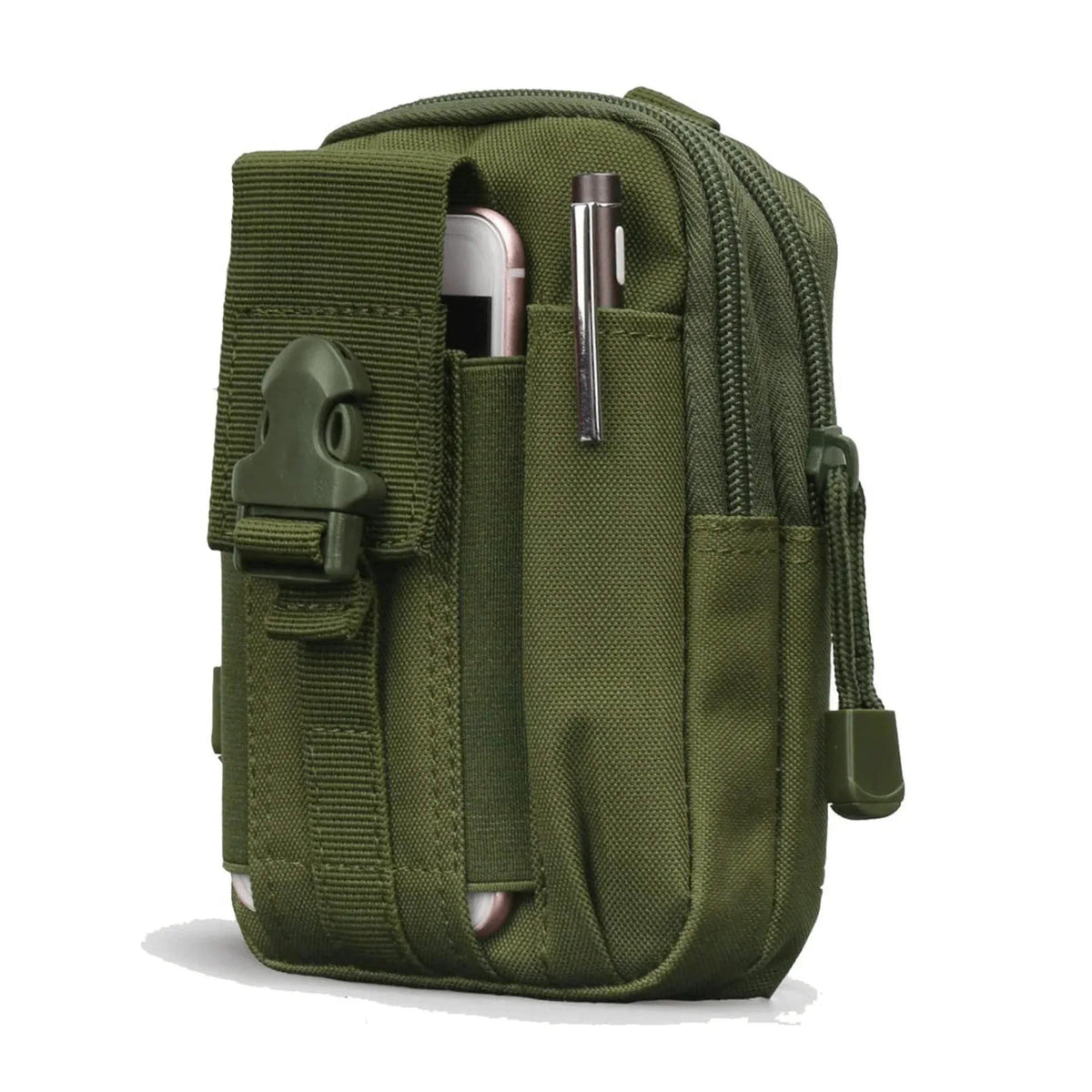 Black tactical MOLLE waist pouch open showing organized storage space and interior mesh pockets.