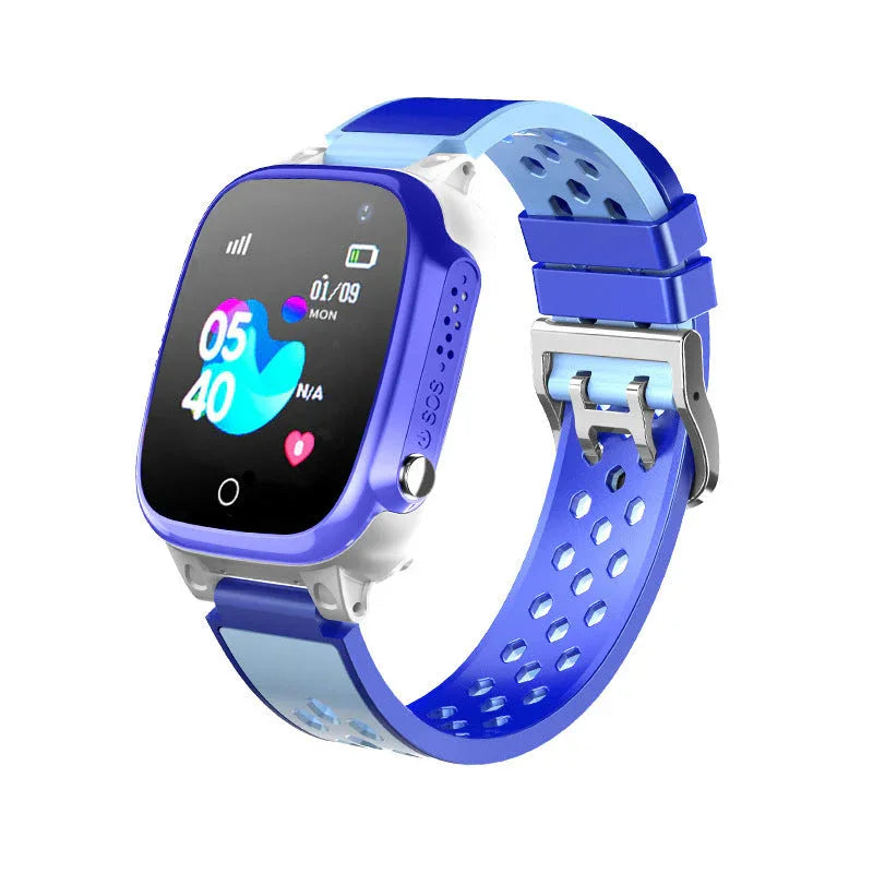 Front view of kid's waterproof smartwatch displaying bright touchscreen with time and icons.