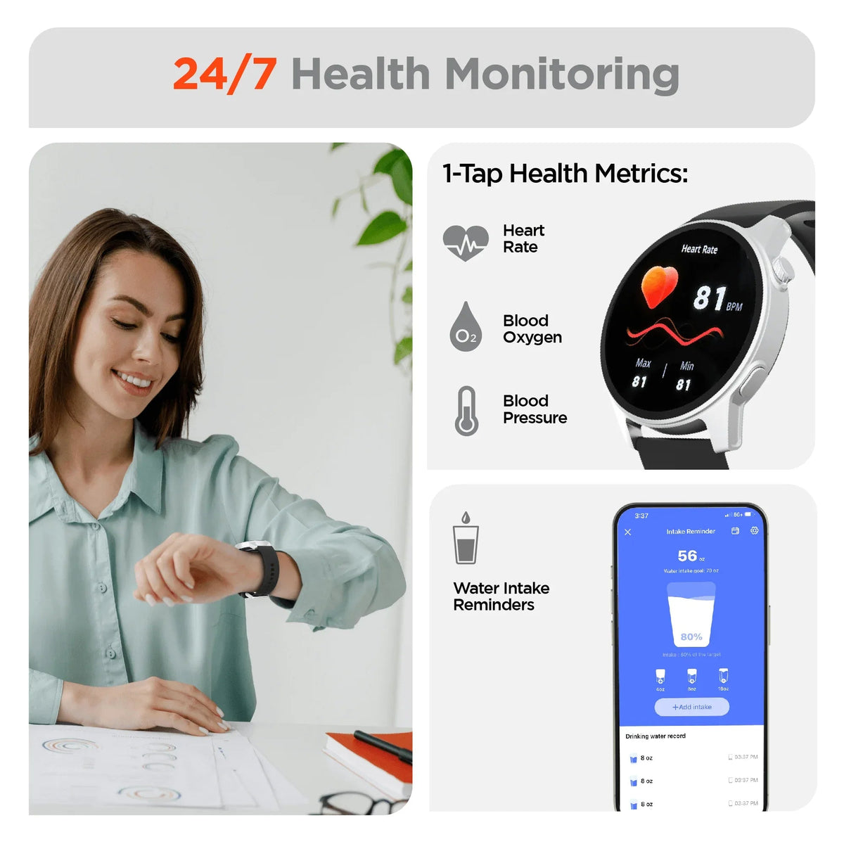 Close-up of HyperGear SmartWatch screen showing blood pressure and SpO2 monitoring features.