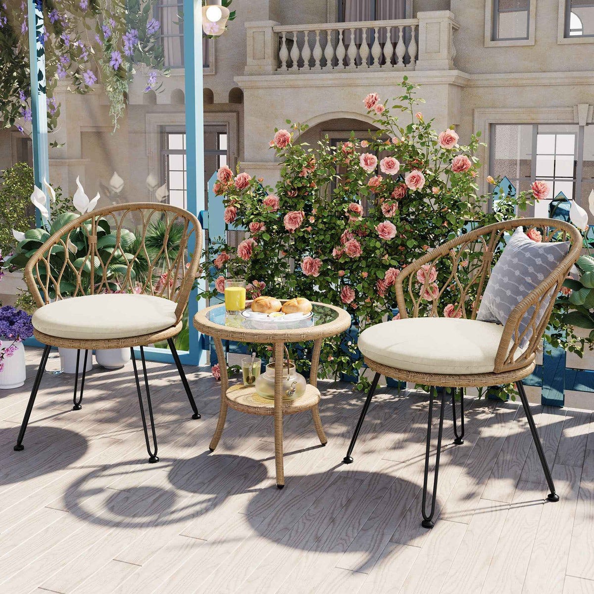 Outdoor Leisure Set, 2 Rattan Single Chairs with A Glass Round Table,