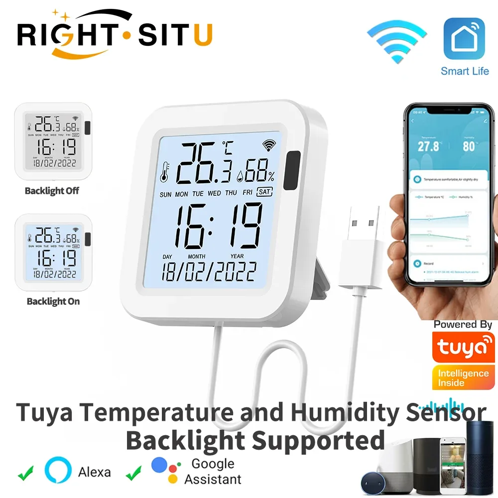 Tuya temperature and humidity sensor shows digital readings with backlight on LCD screen.