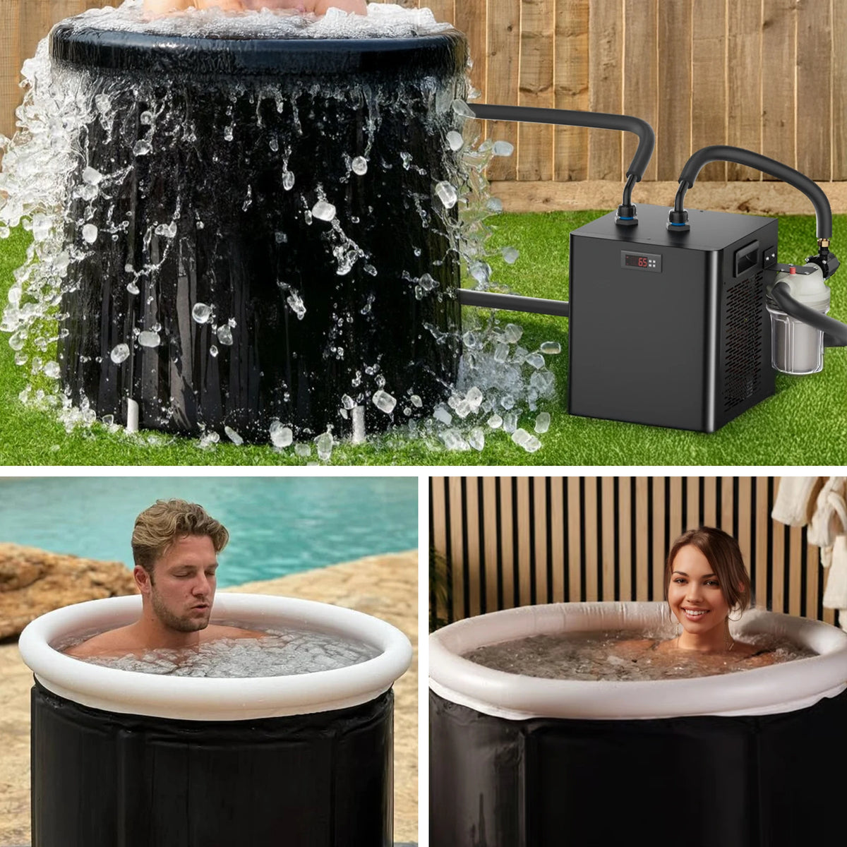 Cold plunge chiller cooling an outdoor ice bath tub