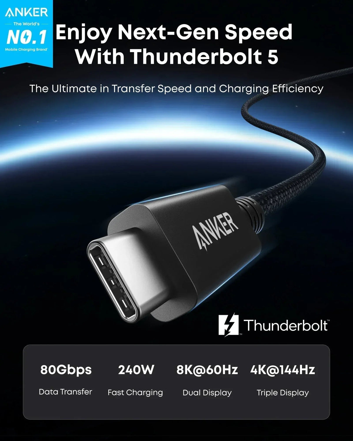 Anker Prime Thunderbolt 5 Cable (3.3 ft, 80Gbps, 240W) - Snagva