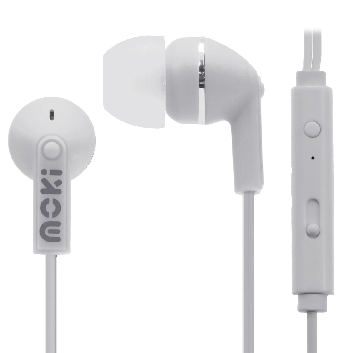 White MOKI noise isolation earbuds with in-line microphone and control button on a white background