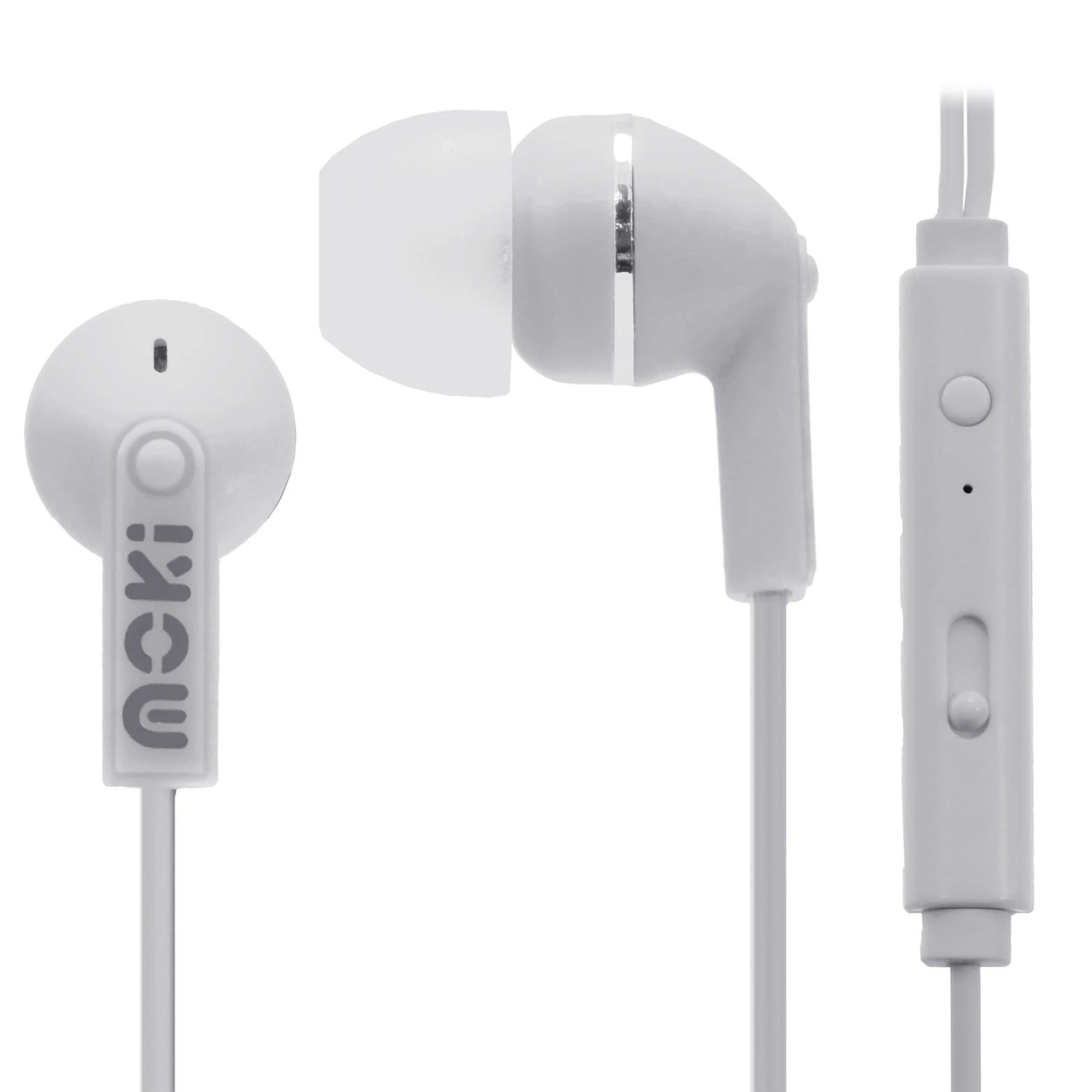 White MOKI noise isolation earbuds with in-line microphone and control button on a white background