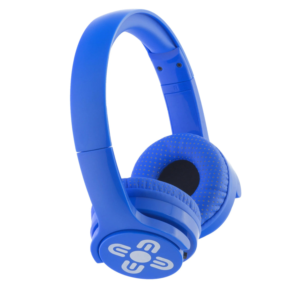 Blue MOKI Brites Bluetooth headphones with folding ear cups and control buttons on ear cup