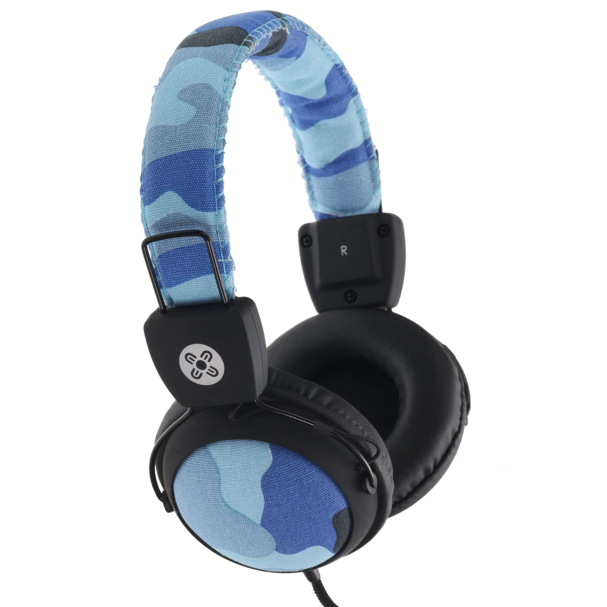 Blue MOKI camouflage headphones with padded ear cups and adjustable cloth headband featuring in-line mic control.