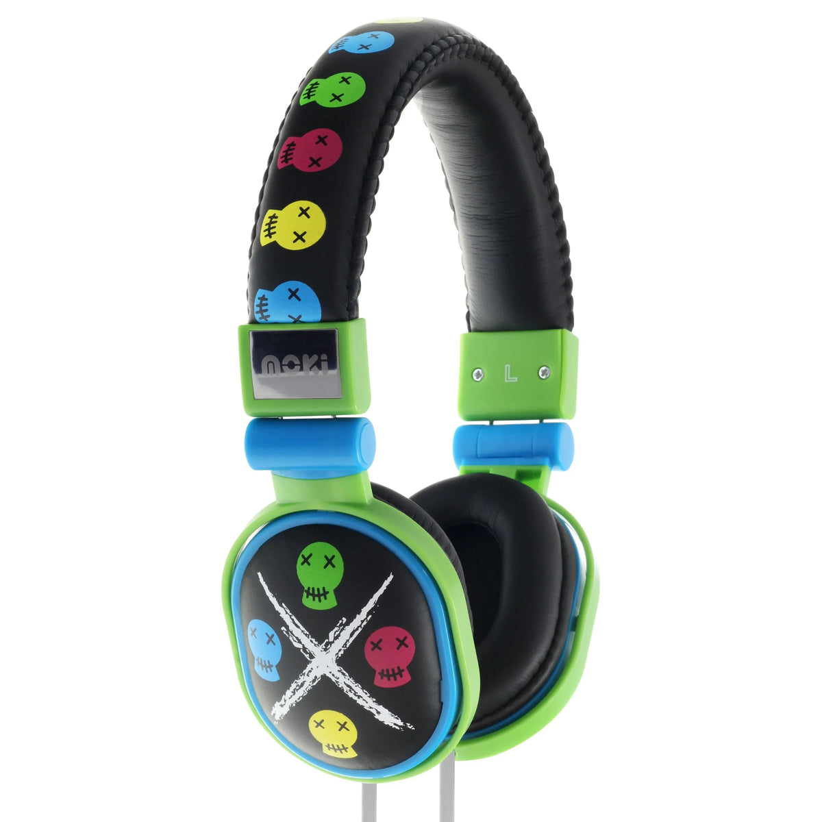 Black Skull design soft cushioned DJ style headphones with swivel earcups and flat cable