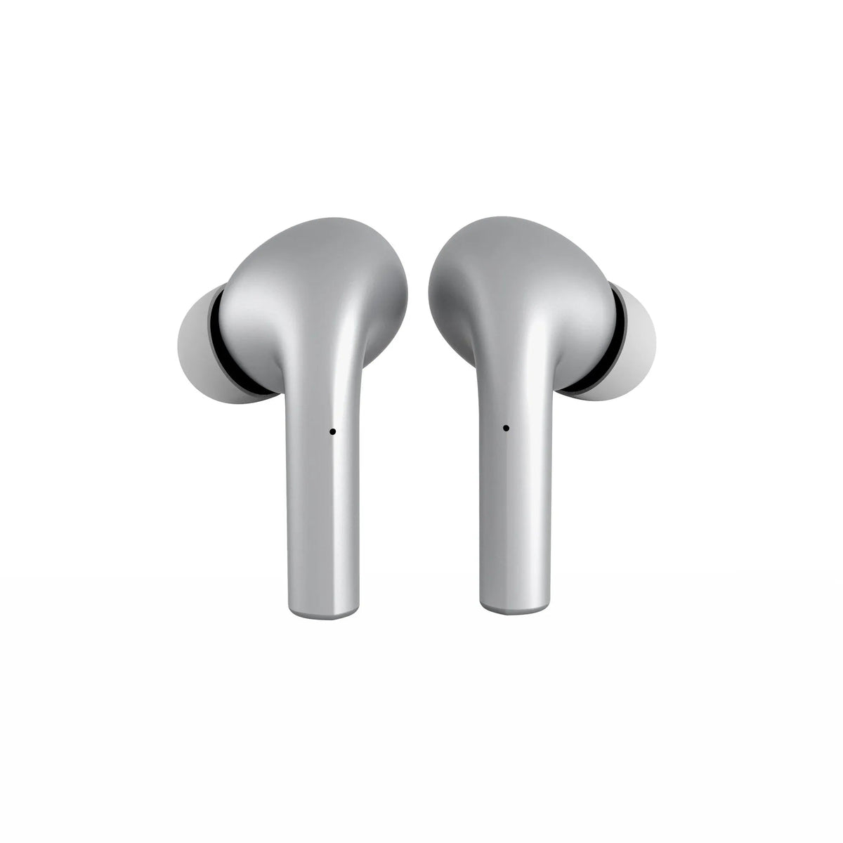Silver MOKIPods True Wireless Earbuds with charging dock on white background