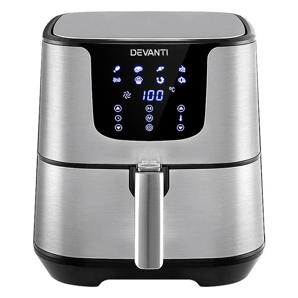 Front view of stainless steel Devanti Air Fryer with digital LCD display on top.