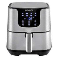 Front view of stainless steel Devanti Air Fryer with digital LCD display on top.