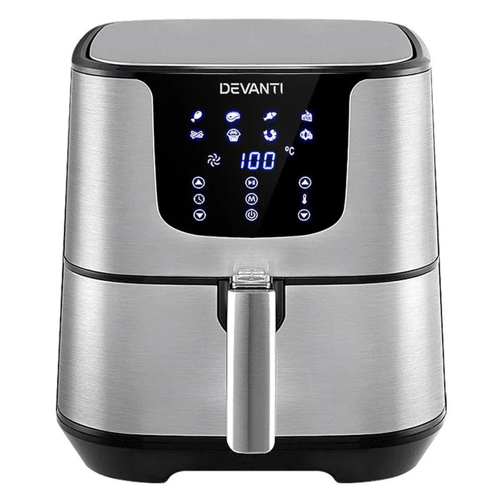 Front view of stainless steel Devanti Air Fryer with digital LCD display on top.