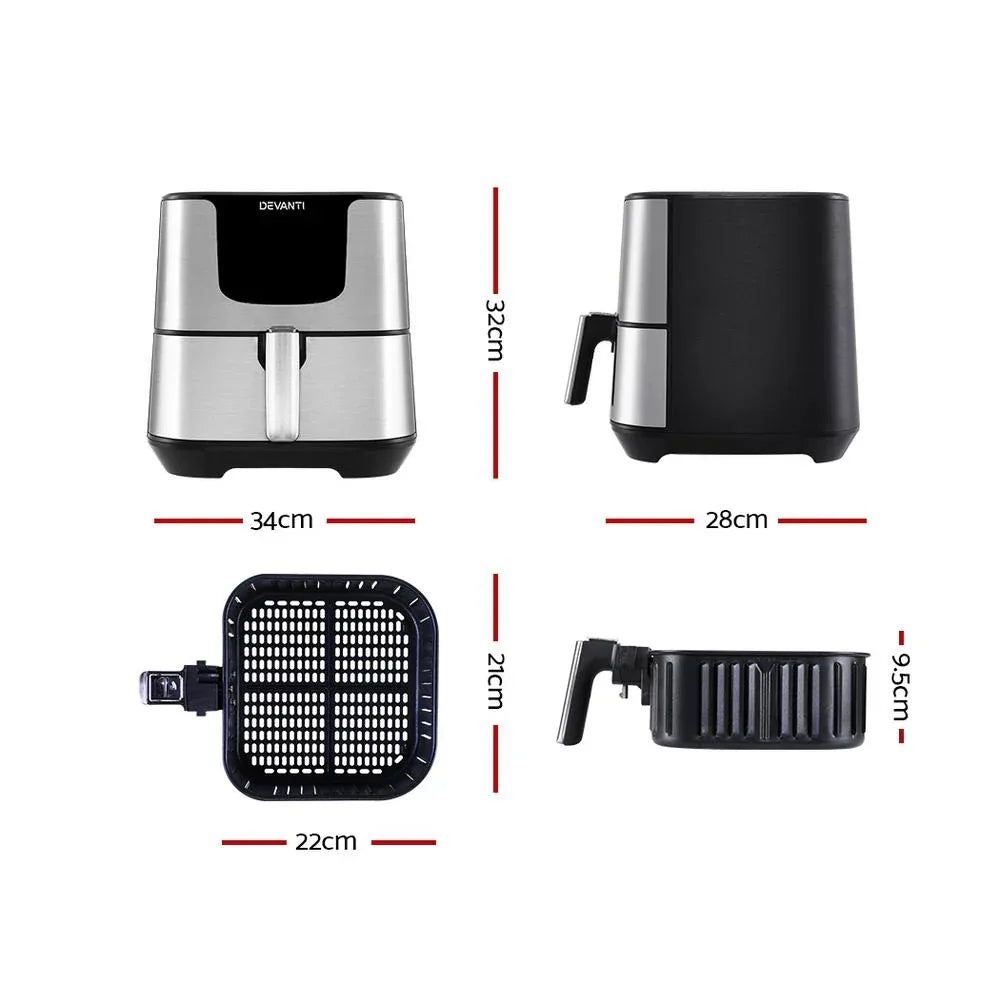Side angle of Devanti Air Fryer showing sleek stainless steel finish and handle.
