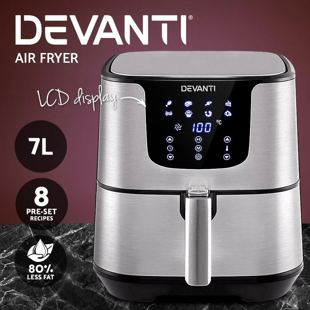 Close-up of Devanti Air Fryer digital control panel with buttons and LCD screen.